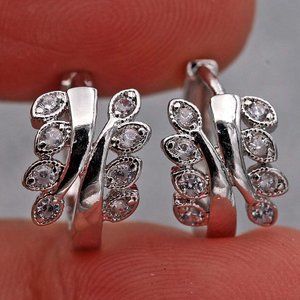 18K White Gold Filled Flower Leaf Diamond Topaz Zircon Hoop Huggie Earrings